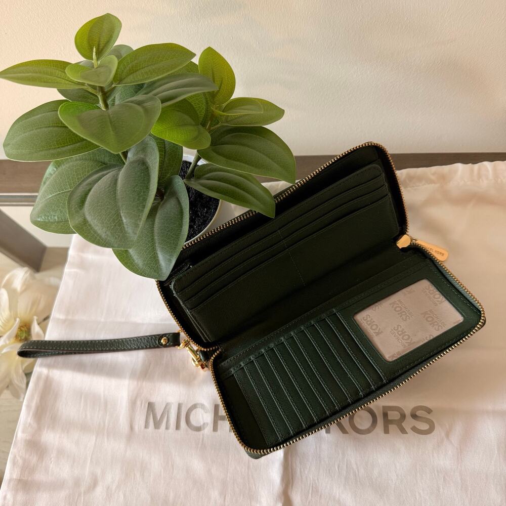 Michael Kors Forest Green Leather Zip Around Wristlet Wallet Gold Hardware